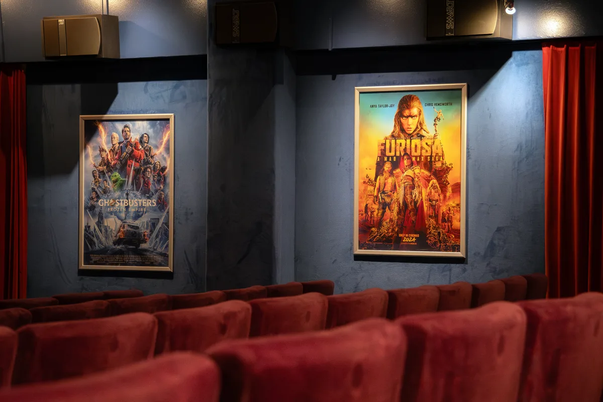 Blick in einen Kino-Saal mit bordeauxroten Sesseln.
